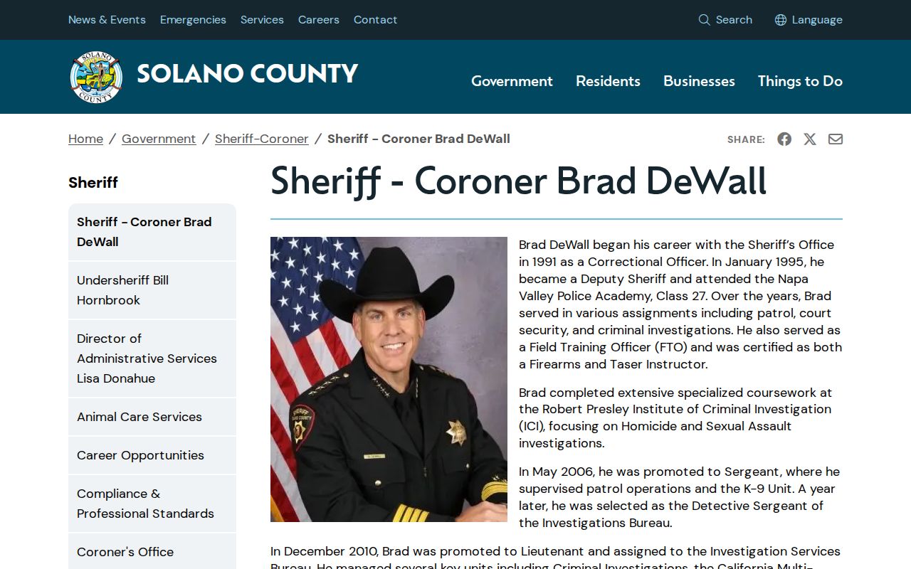 Solano County Sheriff-Coroner office biography page