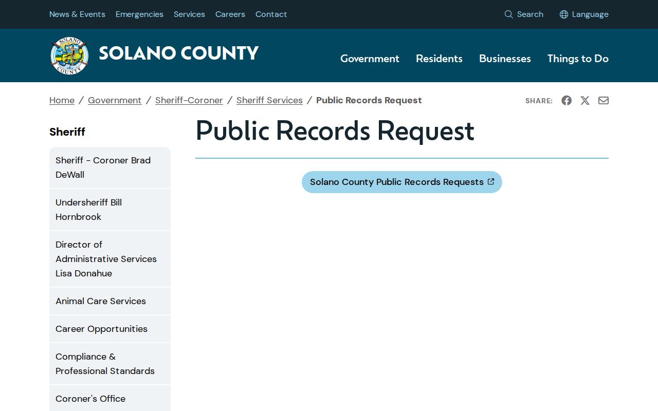 Solano Sheriff public-records request page