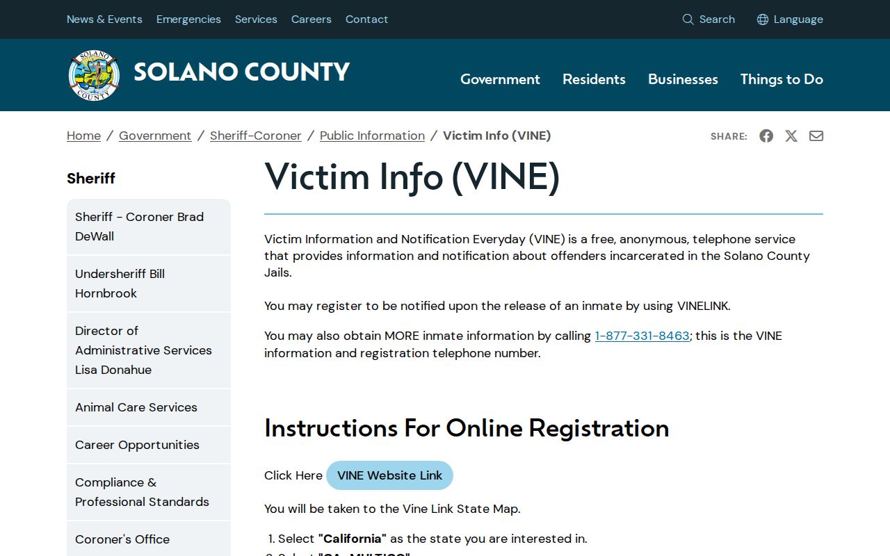 Solano VINE custody notification information
