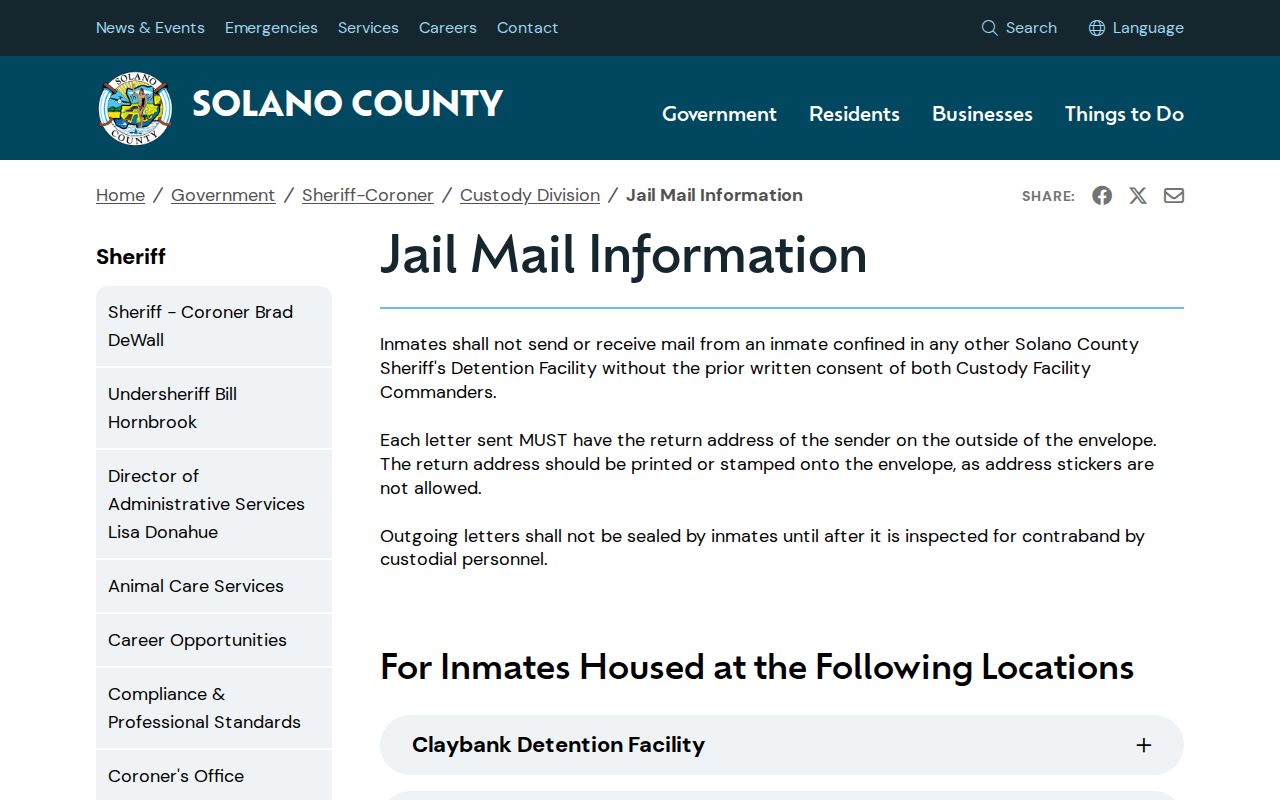 Solano County jail mail information