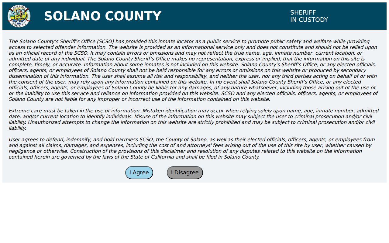 Solano County criminal history inmate locator