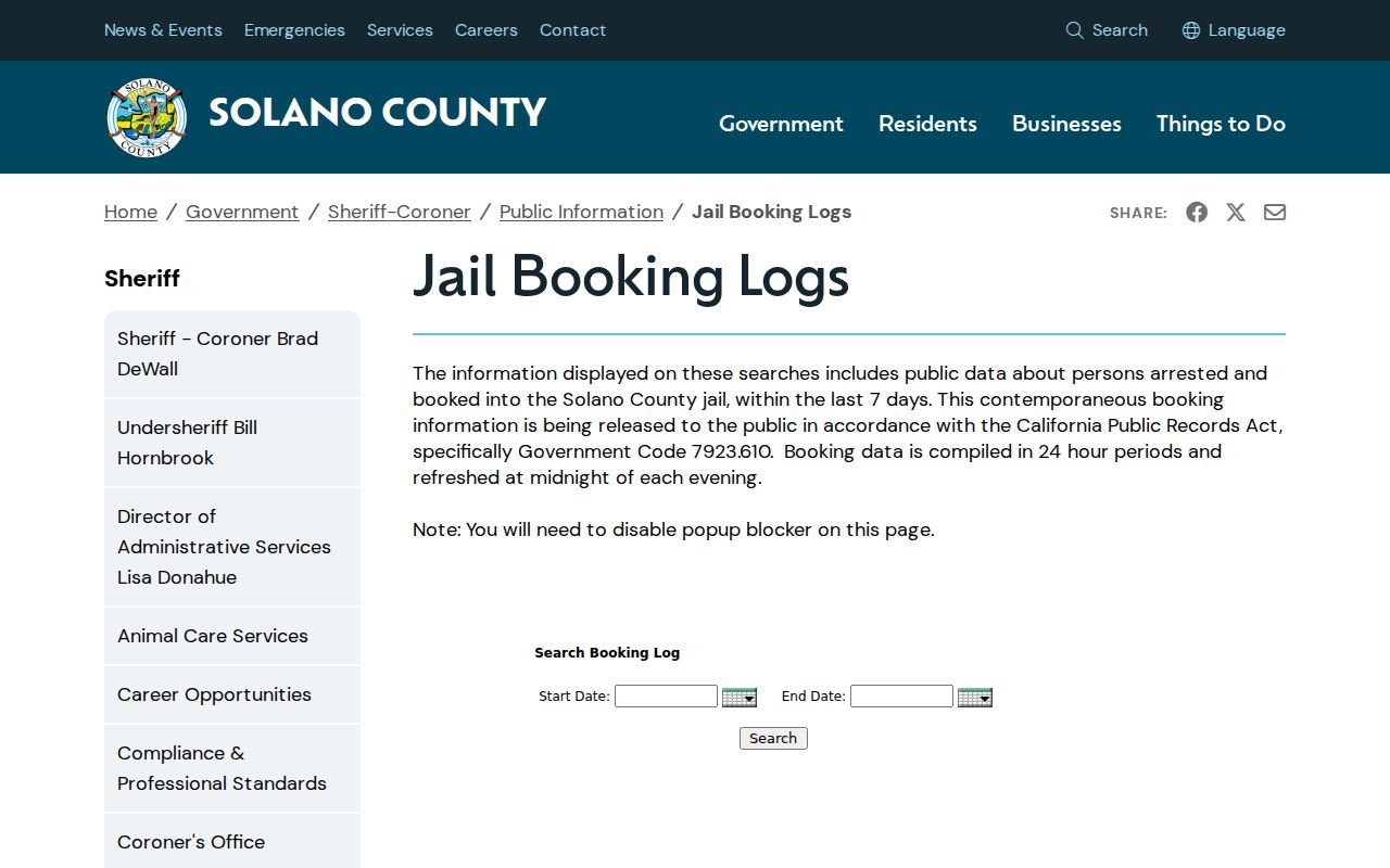 Solano County criminal history seven day booking records
