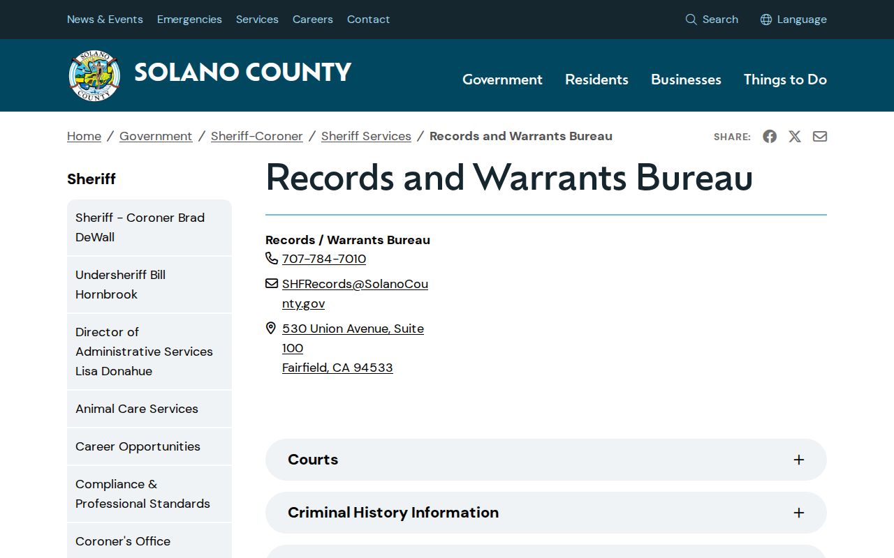 Solano County criminal history Sheriff Records Warrants Bureau