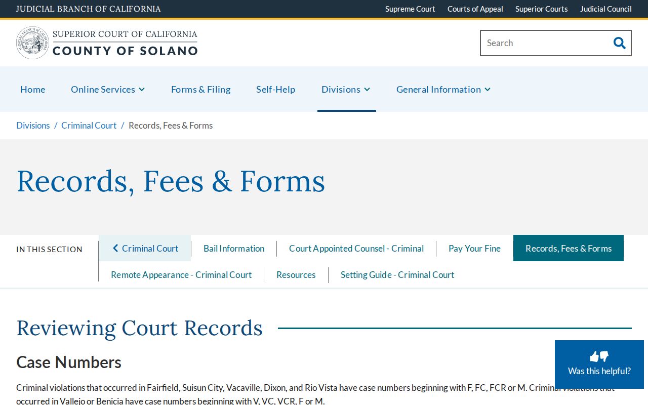Solano County criminal court records fees and forms