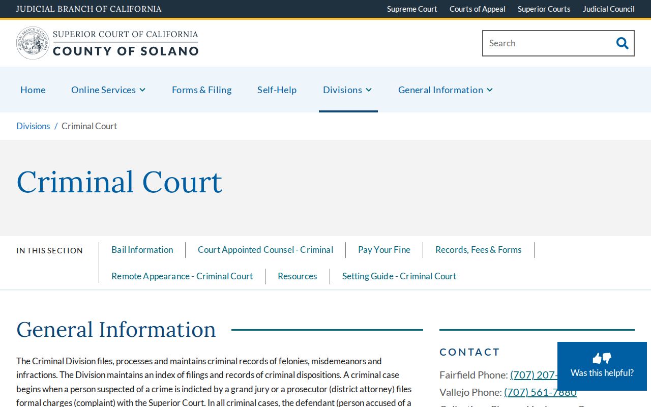 Solano County criminal court case Criminal Division page