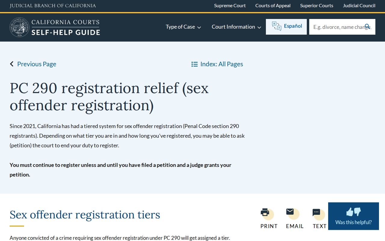 California Courts sex offender registration relief guidance